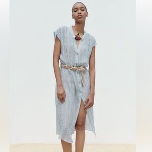 Zara Blue Striped Midi Dress with Belt